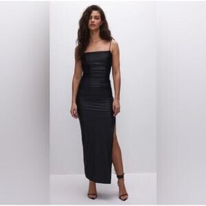 GOOD AMERICAN Ruched Satin Slip Maxi Dress Black, Size 2/Medium
